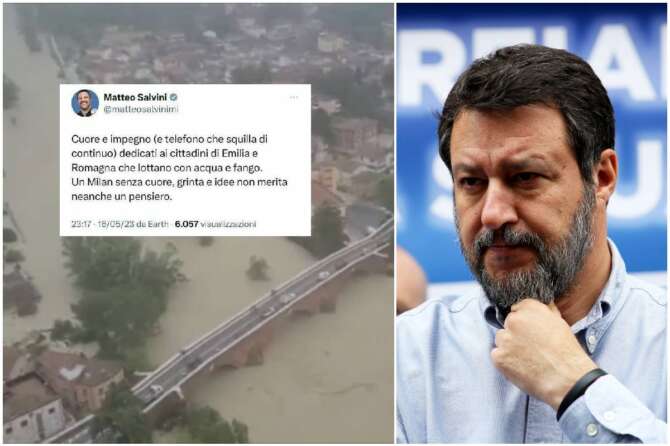 Salvini inguardabile, twitta sull’Emilia Romagna devastata e sul Milan: “Senza cuore e grinta”