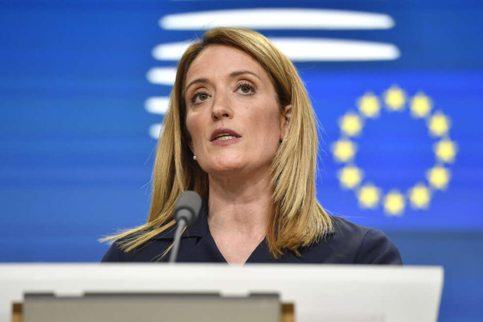 European Parliament President Roberta Metsola speaks during a media conference at an EU summit in Brussels, Thursday, March 23, 2023. European Union leaders meet Thursday for a two-day summit to discuss the latest developments in Ukraine, the economy, energy and other topics including migration. (AP Photo/Geert Vanden Wijngaert)