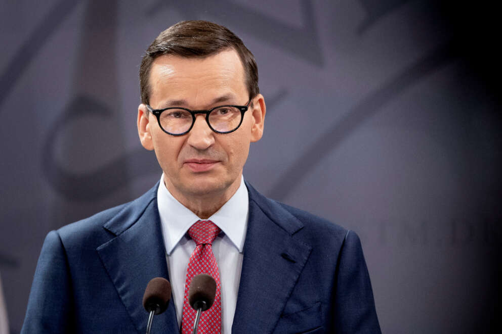 Denmark’s Prime Minister Mette Frederiksen and Poland’s Prime Minister Mateusz Morawiecki attend a news conference, in Copenhagen