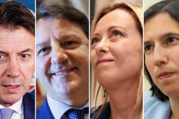 Da destra: Giuseppe Conte, Pasquale Tridico, Giorgia Meloni, Elly Schlein