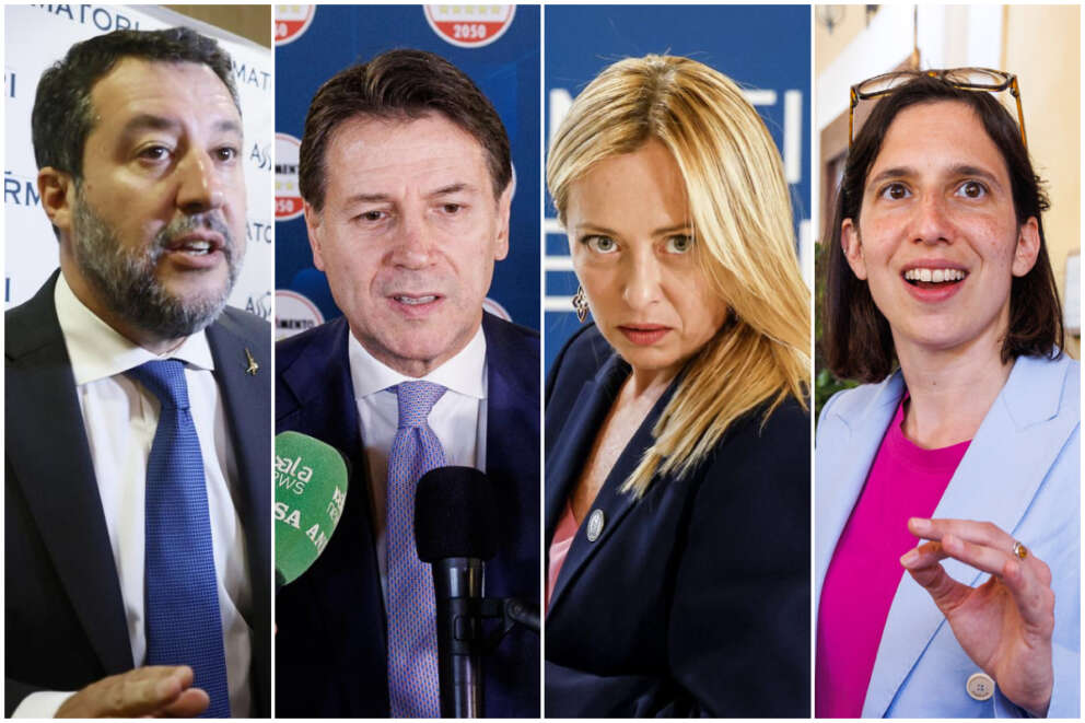 Collage di foto da Lapresse con il segretario della Lega Matteo Salvini, il leader del M5S Giuseppe Conte, la premier Giorgia Meloni, la segretaria del Pd Elly Schlein