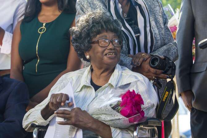 Claudette Colvin looks on at her press conference after she filed paperwork to have her juvenile record expunged, Tuesday, Oct. 26, 2021, in Montgomery, Ala. She was arrested for not giving up her seat on a bus in 1955. (AP Photo/Vasha Hunt)