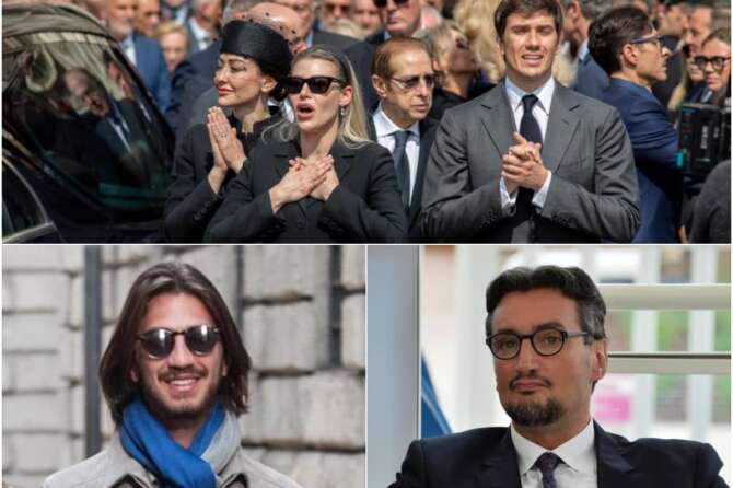 In alto Eleonora, Barbara e Luigi Berlusconi; in basso a sinistra Leonardo Maria Del Vecchio, a destra Giovanni Ferrero