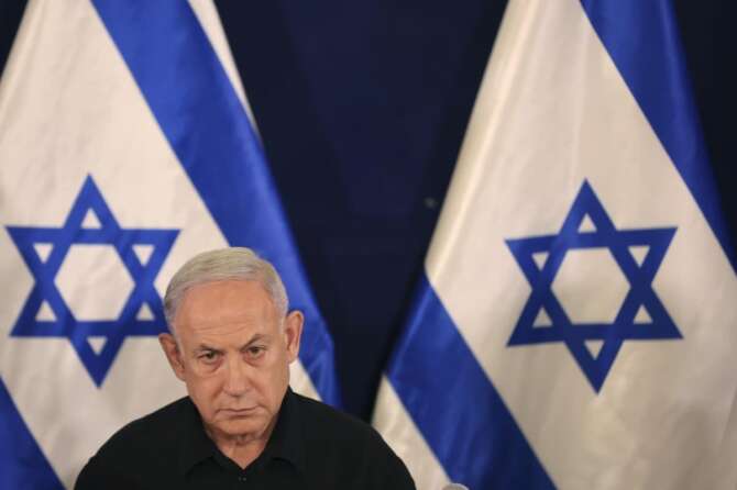 Il premier israeliano Benjamin Netanyahu in conferenza stampa
