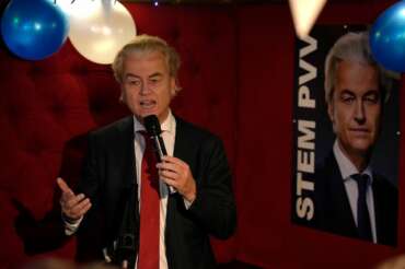 Geert Wilders, leader of the Party for Freedom, known as PVV, reacts to first preliminary results of general elections in The Hague, Netherlands, Wednesday, Nov. 22, 2023. (AP Photo/Peter Dejong)