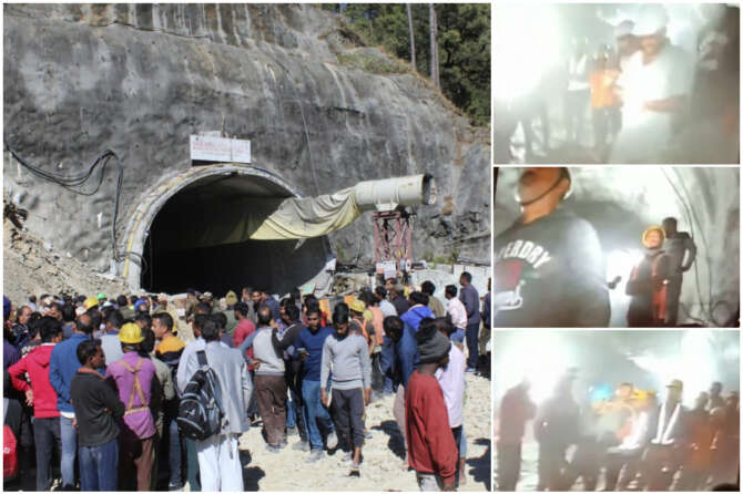 People watch rescue and relief operations at the site of an under-construction road tunnel that collapsed in mountainous Uttarakhand state, India, Wednesday, Nov. 15, 2023. Rescuers have been trying to drill wide pipes through excavated rubble to create a passage to free 40 construction workers trapped since Sunday. A landslide Sunday caused a portion of the 4.5-kilometer (2.7-mile) tunnel to collapse about 200 meters (500 feet) from the entrance. It is a hilly tract of land, prone to landslide and subsidence. (AP Photo) Associated Press/LaPresse Only Italy and Spain e immagini dalla telecamere introdotta nel tunnel