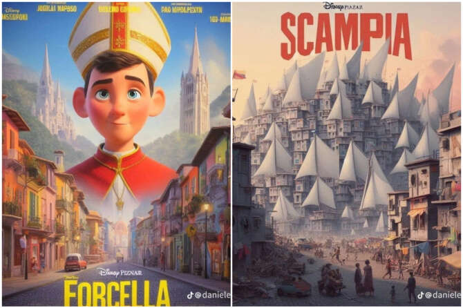 Locandine realizzare dall’IA dal tik toker Daniele Vergone ispirate ai quartieri di Napoli