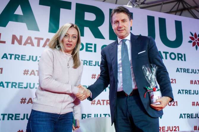 Foto Roberto Monaldo / LaPresse 08-12-2021 Roma Atreju 2021 Nella foto: Giorgia Meloni, Giuseppe Conte Photo Roberto Monaldo / LaPresse 08-12-2021 Rome (Italy) Atreju 2021 In the pic Giorgia Meloni, Giuseppe Conte