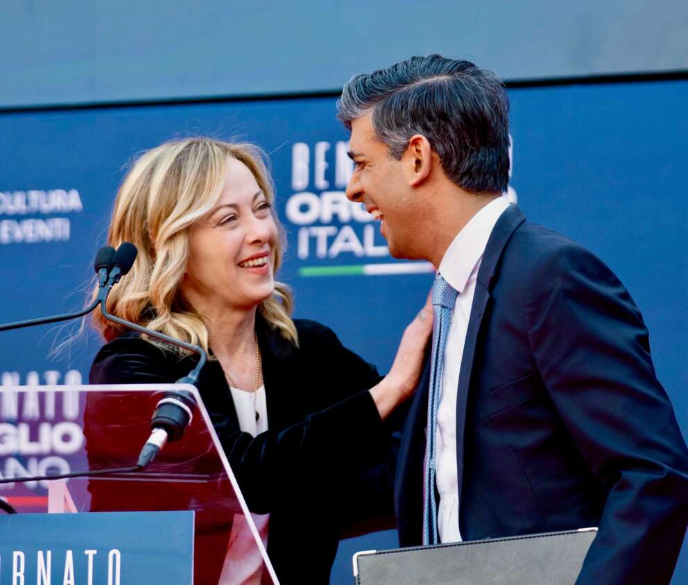 Giorgia Meloni con Rishi Sunak ed Edi Rama a Palazzo Chigi