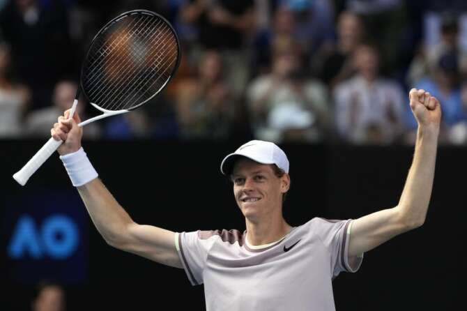 Jannik Sinner of Italy celebrates after defeating Novak Djokovic of Serbia in their semifinal at the Australian Open tennis championships at Melbourne Park, Melbourne, Australia, Friday, Jan. 26, 2024. (AP Photo/Alessandra Tarantino) Associated Press/LaPresse Only Italy and Spain