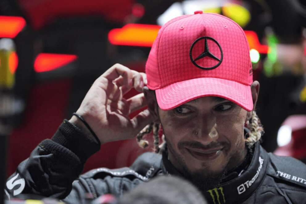Mercedes driver Lewis Hamilton of Britain reacts after the Singapore Formula One Grand Prix at the Marina Bay circuit, Singapore,Sunday, Sept. 17, 2023. (AP Photo/Vincent Thian)