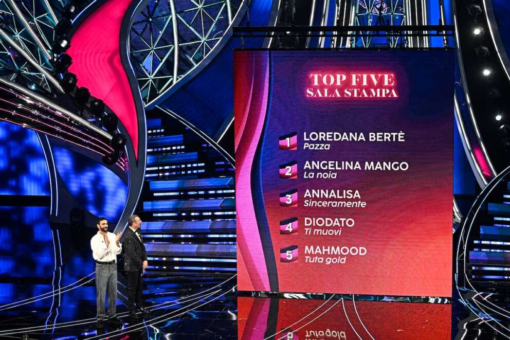 Ranking from the press room at the first evening of 74th edition of the SANREMO Italian Song Festival at the Ariston Theatre in Sanremo, northern Italy – Tuesday, FEBRUARY 6, 2024. Entertainment. (Photo by Marco Alpozzi/LaPresse)
