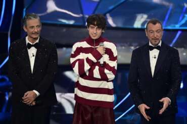 Sangiovanni with Fiorello and Amadeus at 74th edition of the SANREMO Italian Song Festival at the Ariston Theatre in Sanremo, northern Italy – Saturday, FEBRUARY 10, 2024. Entertainment. (Photo by Marco Alpozzi/Lapresse)