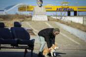 A local resident plays with a dog in front of a statue of former Soviet leader Vladmir Lenin, in Comrat, Moldova, Saturday, March 12, 2022. Across the border from war-engulfed Ukraine, tiny, impoverished Moldova, an ex-Soviet republic now looking eagerly Westward, has watched with trepidation as the Russian invasion unfolds. In Gagauzia, a small, autonomous part of the country that\’s traditionally felt closer to the Kremlin than the West, people would normally back Russia, which they never wanted to leave when Moldova gained independence. (AP Photo/Sergei Grits)