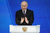 Russian President Vladimir Putin delivers his state-of-the-nation address in Moscow, Russia, Thursday, Feb. 29, 2024. (AP Photo/Alexander Zemlianichenko) Associated Press/LaPresse Only Italy and Spain