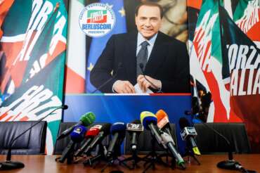 Foto Roberto Monaldo / LaPresse 16-06-2023 Roma Politica Conferenza stampa dei vertici di Forza Italia Nella foto La sede di Forza Italia con l’immagine di Silvio Berlusconi 16-06-2023 Rome (Italy) Politics Press conference of the Forza Italia party leaders