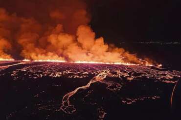 This image provided by Iceland Civil Defense shows lava erupting from a volcano between Hagafell and Stóri-Skógfell, Iceland, on on Saturday, March 16, 2024. (Iceland Civil Defense via AP)