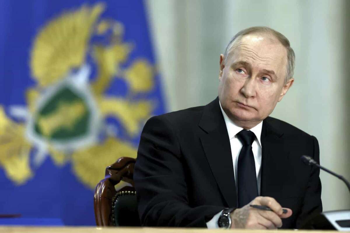 Russian President Vladimir Putin attends an expanded meeting of the Prosecutor General’s Office board in Moscow, Russia, Tuesday, March 26, 2024. (Valeriy Sharifulin, Sputnik, Kremlin Pool Photo via AP)