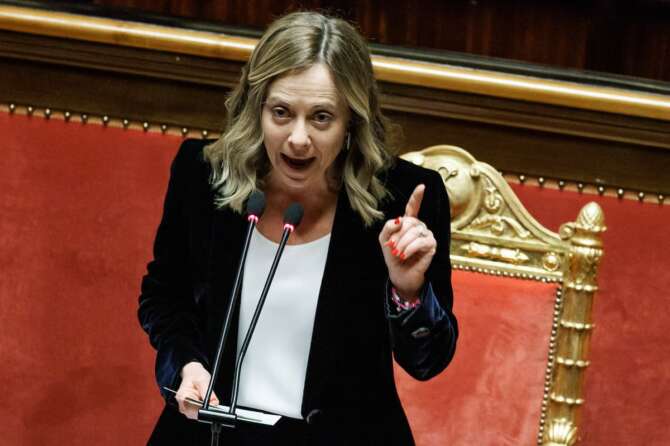 Il presidente del Consiglio Giorgia Meloni al Senato durante le comunicazioni in vista del Consiglio europeo del 21 e 22 marzo. Roma, Martedì, 19 marzo 2024 (Foto Roberto Monaldo / LaPresse) Prime Minister Giorgia Meloni in the Senate during the communications on the European Council on 21 and 22 March. Rome, Tuesday, March 19, 2024 (Photo by Roberto Monaldo / LaPresse)