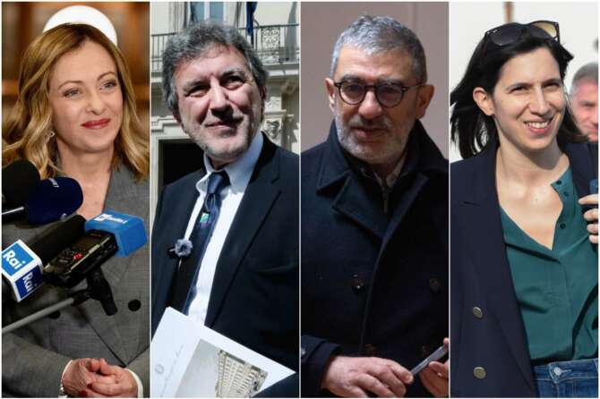 Da sinistra verso destra: Giorgia Meloni, Marco Marsilio, Luciano D’Amico, Elly Schlein