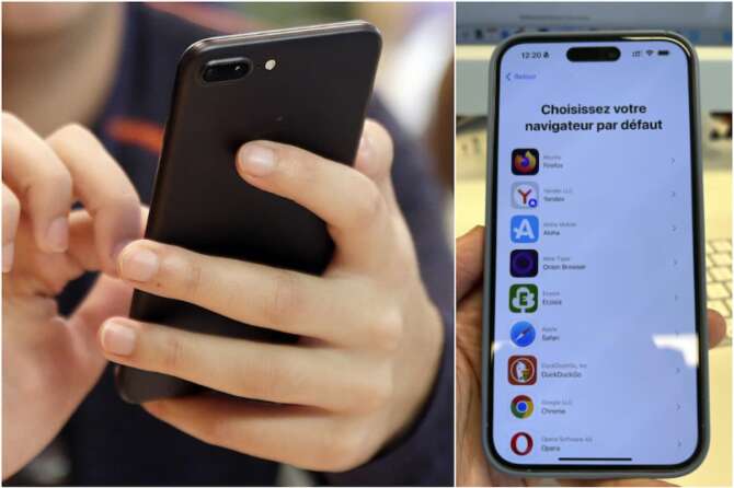 A pop-up message to choose a browser is displayed on the screen of an iPhone, in Brussels, Belgium, Wednesday March 6, 2024. Europeans this week will get new choices for default browsers and search engines. They’re part of changes required under the Digital Markets Act, a set of European Union regulations that six tech companies classed as “gatekeepers” — Amazon, Apple, Google parent Alphabet, Meta, Microsoft and TikTok owner ByteDance — will have to start following by midnight Wednesday. (AP Photo/Sylvain Plazy)