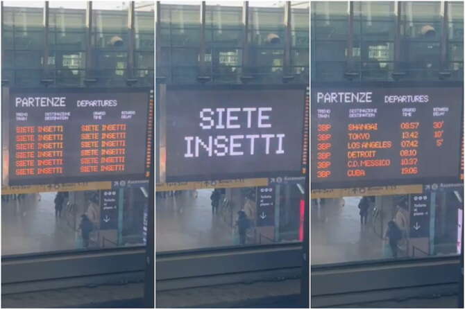 Nelle stazioni di Milano e Roma i tabelloni con la scritta “Siete insetti”. Frame da video sui social