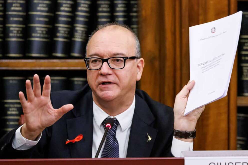 Foto Roberto Monaldo / LaPresse 22-11-2023 Roma Politica I ministri Roccella, Valditara e Sangiuliano presentano iniziative per il mondo della scuola contro la violenza sulle donne Nella foto Giuseppe Valditara 22-11-2023 Rome (Italy) Politics Ministers Roccella, Valditara and Sangiuliano present initiatives against violence against women In the pic Giuseppe Valditara