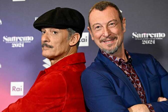 Amadeus and Fiorello attend a photocall, 74th edition of the SANREMO Italian Song Festival at the Ariston Theatre in Sanremo, northern Italy – Saturday, FEBRUARY 10, 2024. Entertainment. (Photo by Marco Alpozzi/Lapresse)