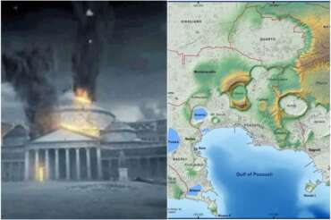 A sinistra un frame del documentario della Tv Svizzera sui Campi Flegrei. A destra, carta dei Campi Flegrei dell’INGV.