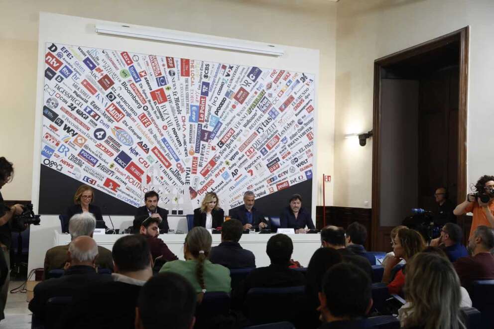 Conferenza stampa alla Stampa Estera in occasione dello sciopero proclamato dall’Usigrai. – Cronaca – Roma, Italia – Lunedì , 06 Maggio 2024 (foto Cecilia Fabiano / LaPresse) Press Conference at International Press Room about journalists strike in RAI public tv — News — Rome, Italy – Monday , 6 May , 2024 (photo Cecilia Fabiano / LaPresse)