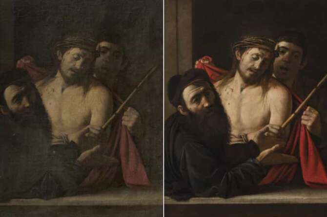 This combination of photos provided by the Prado Museum on Monday May 6, 2024 shows the restoration work on Caravaggio’s “Ecce Homo”. Spain’s Prado Museum has confirmed that a painting that was due to be auctioned in Madrid in 2021 is in fact a work by Italian Baroque master Michelangelo Merisi da Caravaggio that was considered lost. (Prado Museum, via AP) Associated Press / LaPresse Only italy and Spain