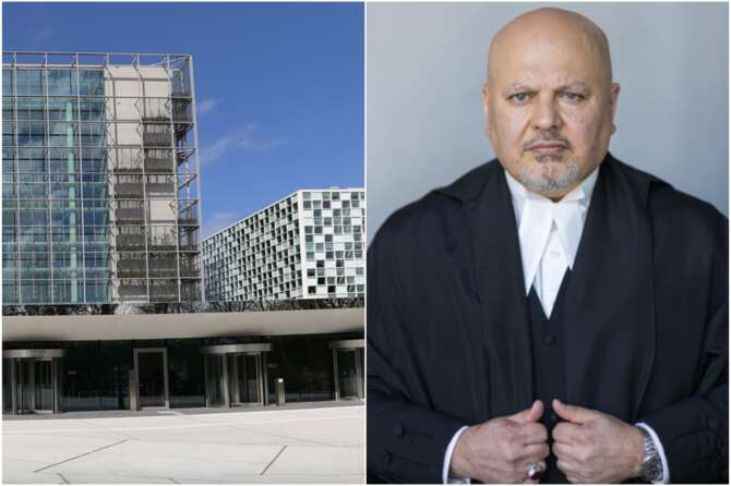 La sede della CPI a sinistra, a destra il Procuratore Karim Khan