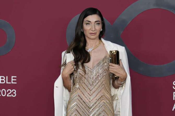 Elisabetta Franchi poses for photographers as she arrives for the CNMI sustainable fashion 2023 awards in Milan, Italy, Sunday, Sept. 24, 2023. (AP Photo/Antonio Calanni) Associated Press/LaPresse Only Italy and Spain