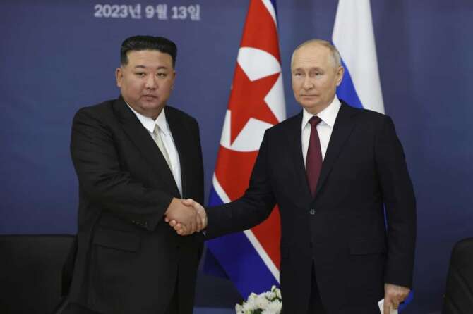 FILE – Russian President Vladimir Putin, right, and North Korean leader Kim Jong Un shake hands during their meeting at the Vostochny cosmodrome outside the city of Tsiolkovsky, about 200 kilometers (125 miles) from the city of Blagoveshchensk in the far eastern Amur region, Russia, Sept. 13, 2023. Kim used a Russian luxury limousine gifted by Putin recently, Kim’s sister said Saturday, March 16, 2024, praising the car’s “special function” and the two countries’ deepening bilateral ties. (Vladimir Smirnov/Sputnik Kremlin Pool Photo via AP, File)