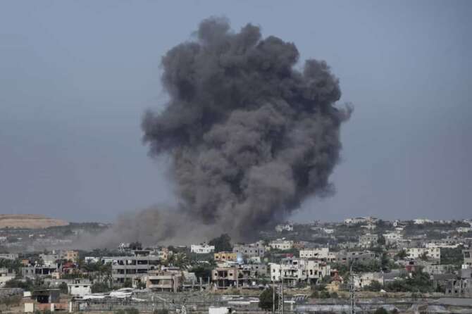 Smoke rises following an Israeli airstrike in Rafah, Gaza Strip, Thursday, May 30, 2024. (AP Photo/Abdel Kareem Hana)