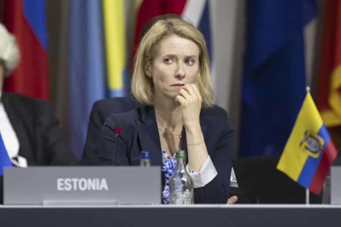 Estonia’s Prime minister Kaja Kallas attends the plenary session during the Summit on peace in Ukraine, in Obbürgen, Switzerland, Sunday, June 16, 2024. (Urs Flueeler/Keystone via AP)