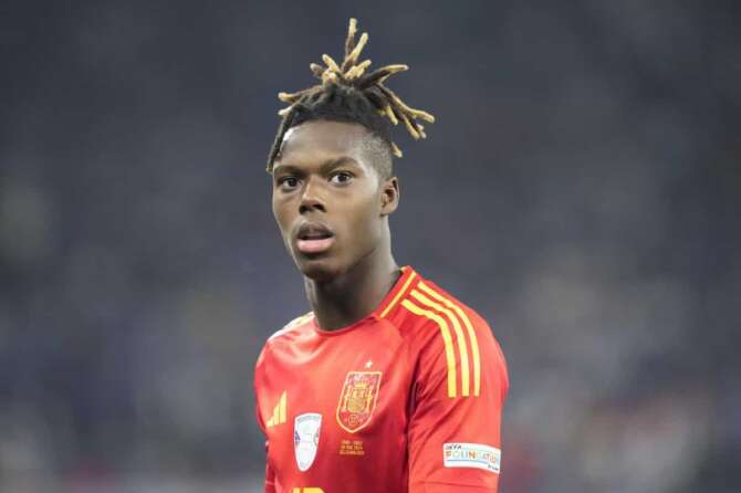 Spain’s Nico Williams walks on the pitch during a Group B match between Spain and Italy at the Euro 2024 soccer tournament in Gelsenkirchen, Germany, Thursday, June 20, 2024. (AP Photo/Martin Meissner)