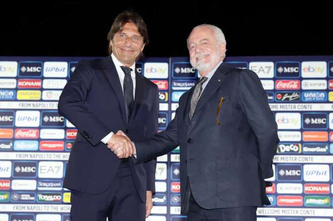 Antonio Conte and Aurelio De Laurentiis Naples 26 June 2024, Royal Palace, Teatrino di Corte. presentation of the new SSC Napoli coach Antonio Conte. (Photo by Alessandro Garofalo/Lapresse)