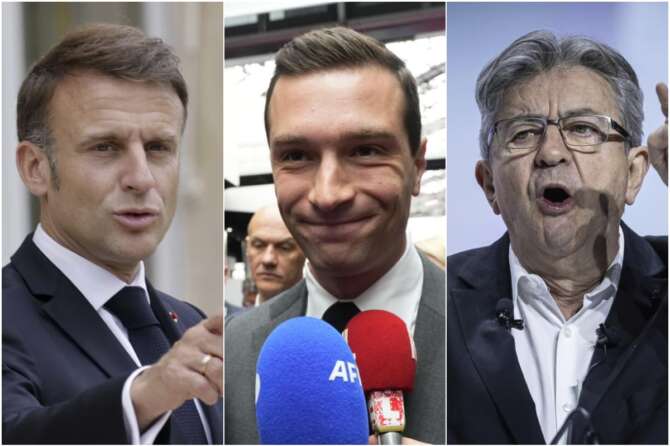 Emmanuel Macron, Jordan Bardella e Jean-Luc Mélenchon