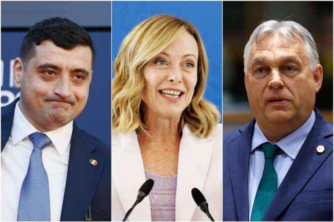 George Simion, Giorgia Meloni e Viktor Orban