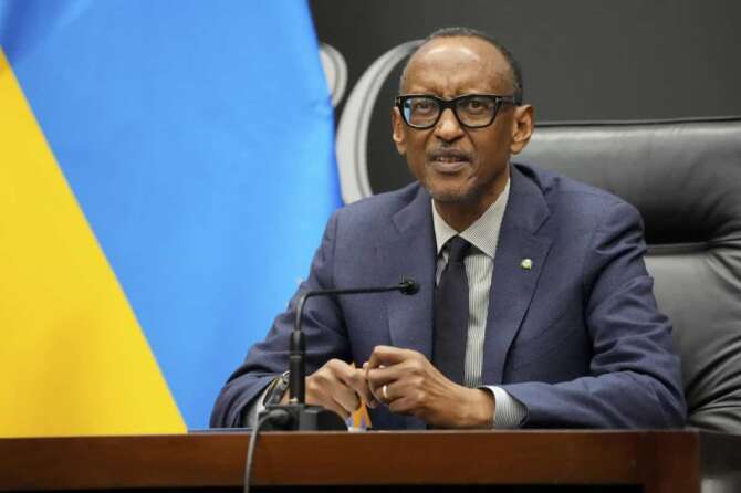 FILE – Rwanda’s President Paul Kagame gives a press conference at Kigali Convention Centre in Kigali, Rwanda, on April 8, 2024. Rwandans are voting Monday in an election that will almost certainly extend the long rule of Kagame, who is running virtually unopposed after three decades in power in the eastern African nation. (AP Photo/Brian Inganga, File)