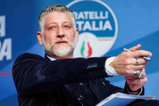 Alessandro Giuli durante la Conferenza programmatica di Fratelli d’Italia a Pescara, Venerdì, 26 aprile 2024 (Foto Roberto Monaldo / LaPresse) Alessandro Giuli during the Brothers of Italy party Programmatic conference in Pescara, Friday, April 26, 2024 (Photo by Roberto Monaldo / LaPresse)