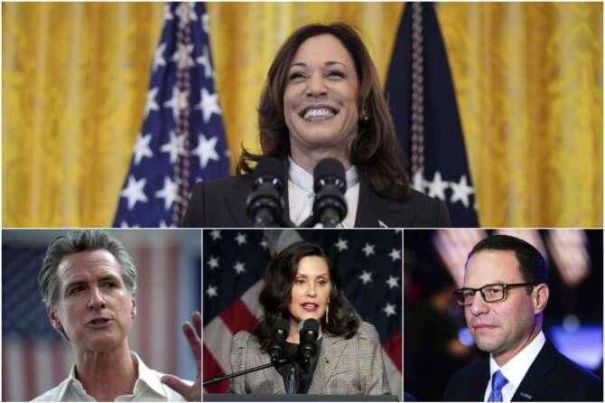 Kamala Harris e tre dei possibili vicepresidenti: da sinistra a destra Gavin Newsom, Gretchen Whitmer e Josh Shapiro