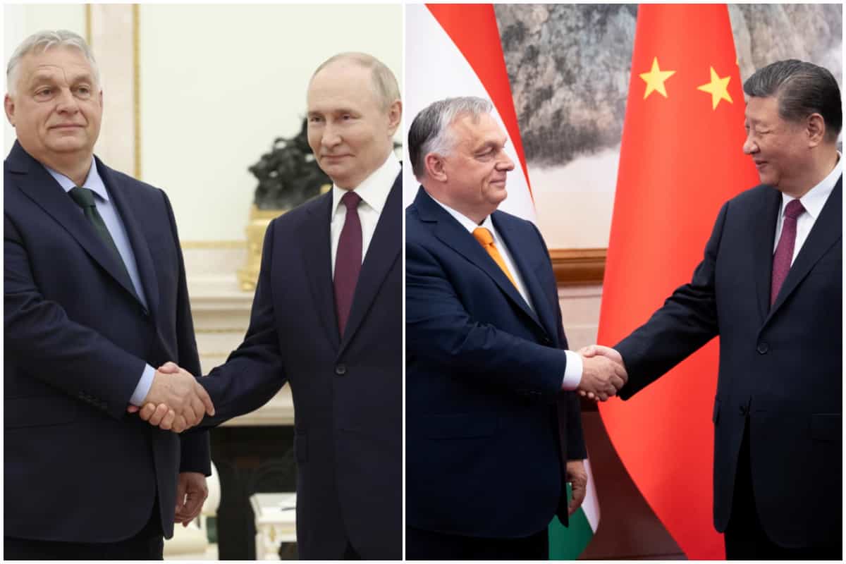 Il premier ungherse Viktor Orban con Vladimir Putin e Xi Jinping nei suoi viaggi a Mosca e Pechino
