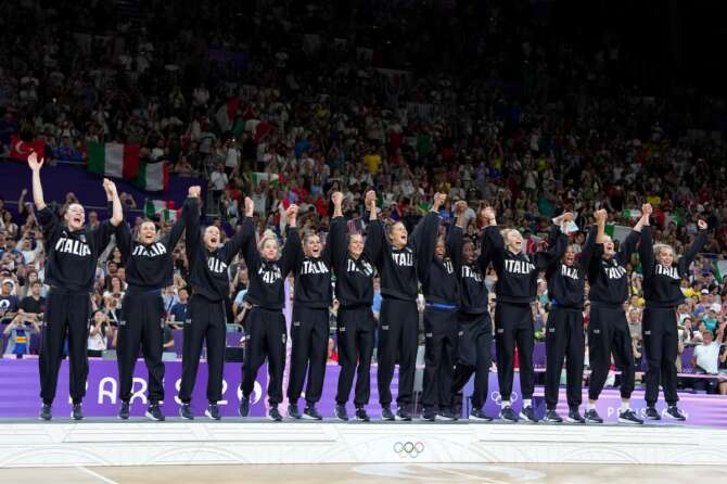 Italy team celebrates as they win gold medal during Women’s Volleyball Final match between Italy and United States at the 2024 Summer Olympics, Sunday, August 11, 2024 in Paris, France. (Photo by Spada/LaPresse)