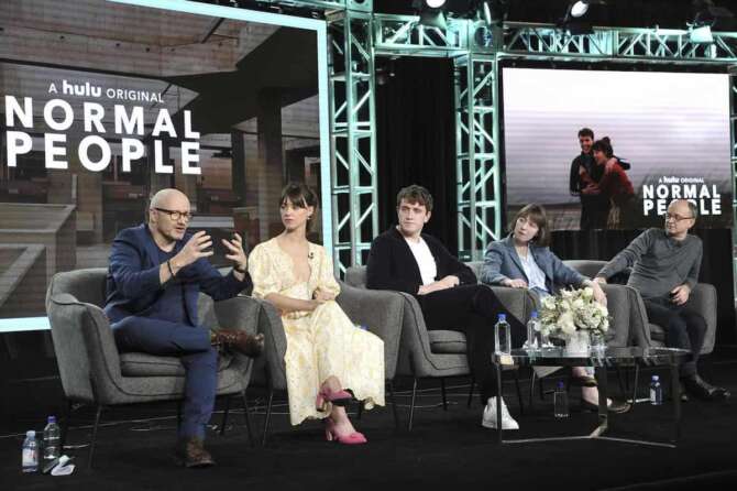 Lenny Abrahamson, Daisy Edgar-Jones, Paul Mescal, Sally Rooney and Ed Guiney participates in the Hulu “Normal People” panel during the Winter 2020 Television Critics Association Press Tour, on Friday, Jan. 17, 2020, in Pasadena, Calif. (Photo by Richard Shotwell/Invision/AP)
