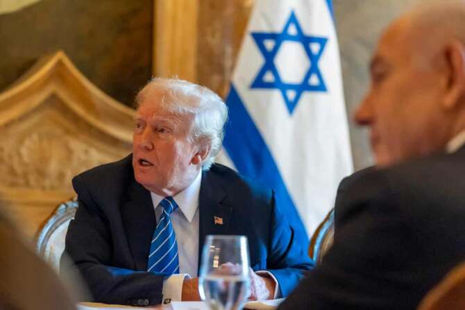 Republican presidential candidate former President Donald Trump meets with Israeli Prime Minister Benjamin Netanyahu, right, at Mar-a-Lago, Friday, July 26, 2024, in Palm Beach, Fla. (AP Photo/Alex Brandon)