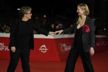 Director Laura Bispuri, left and Alba Rohrwacher poses for the photographers on the red carpet of the movie “L’amica Geniale” (My Brilliant Friend) at the Rome Film Fest, Friday, Oct. 25, 2024. (AP Photo/Gregorio Borgia) Associated Press/LaPresse