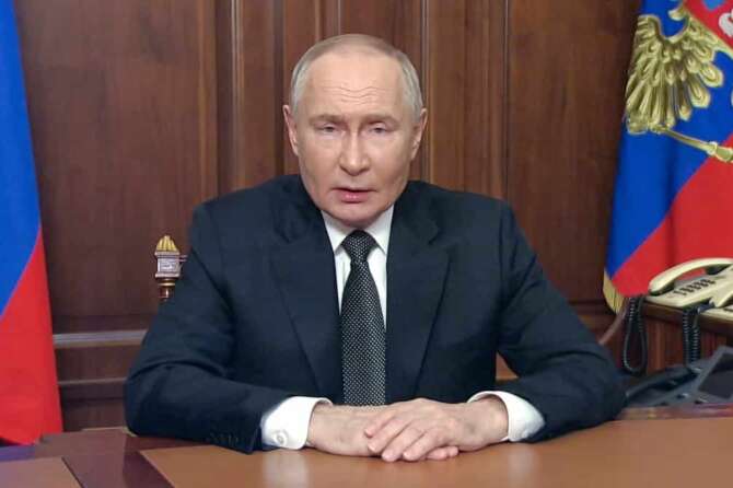In this image made from video released by the Russian Presidential Press Service, Russian President Vladimir Putin addressees the nation at the Kremlin in Moscow, Russia, Thursday, Nov. 21, 2024. (Russian Presidential Press Service via AP)