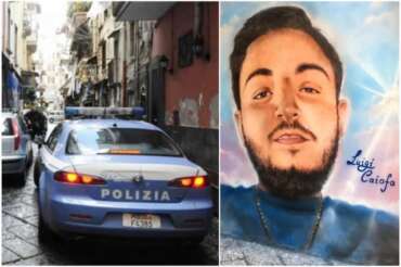 A destra foto del murales cancellato in Piazza Sedil Capuano in ricordo di Luigi Caiafa